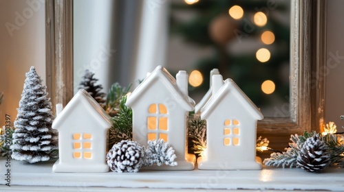 Decorative winter village with illuminated houses and holiday accents on a co...