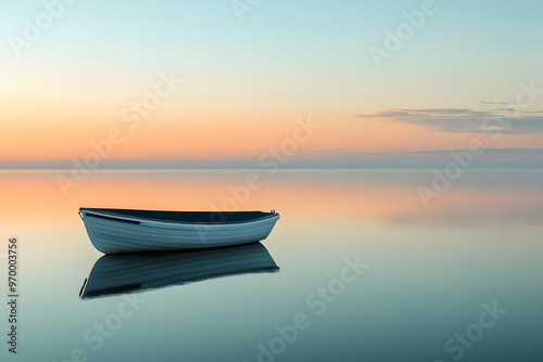 A lone boat floats on the surface of calm water, reflecting the soft light of a sunrise.