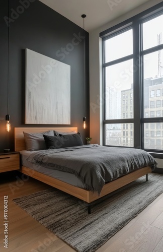 Modern bedroom with large windows showcasing city views and a cozy ambiance