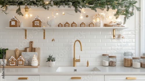 Charming holiday kitchen adorned with festive greenery and decorative gingerb...