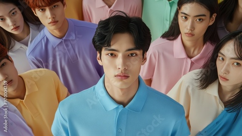 A diverse group of young adults in colorful polo shirts posing together in a ...