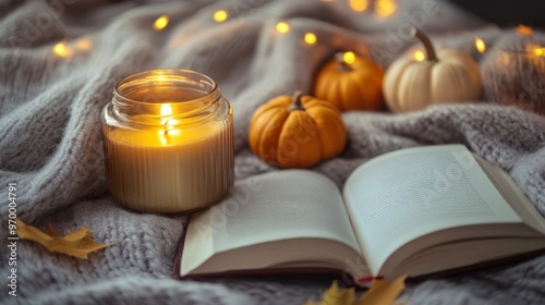 Cozy autumn evening with a lit candle, small pumpkins, and a book on a warm k...