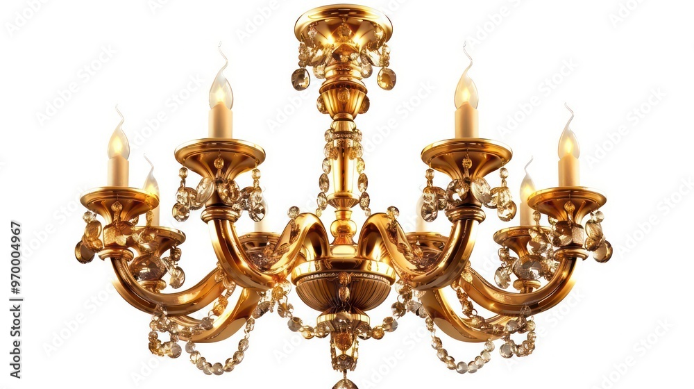 Fototapeta premium A close-up shot of an ornate gold chandelier with crystal accents and five lit candle-style bulbs against a white background.
