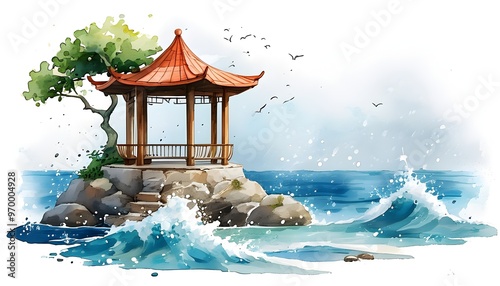 Whimsical watercolor illustration of a gazebo on an oceanic island embraced by gentle waves, set against a clean white background. photo