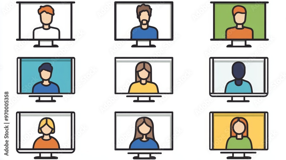 Online meeting icons depict video call symbols in outlined and filled styles. They represent remote learning and virtual office work meetings. Online meeting icons depict video call symbols in outlined and filled styles. They represent remote learning and virtual office work meetings.