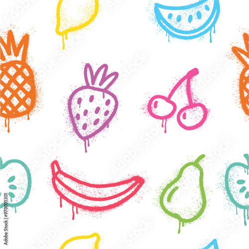 Vector seamless pattern of fruits and berries hand-drawn in graffiti style