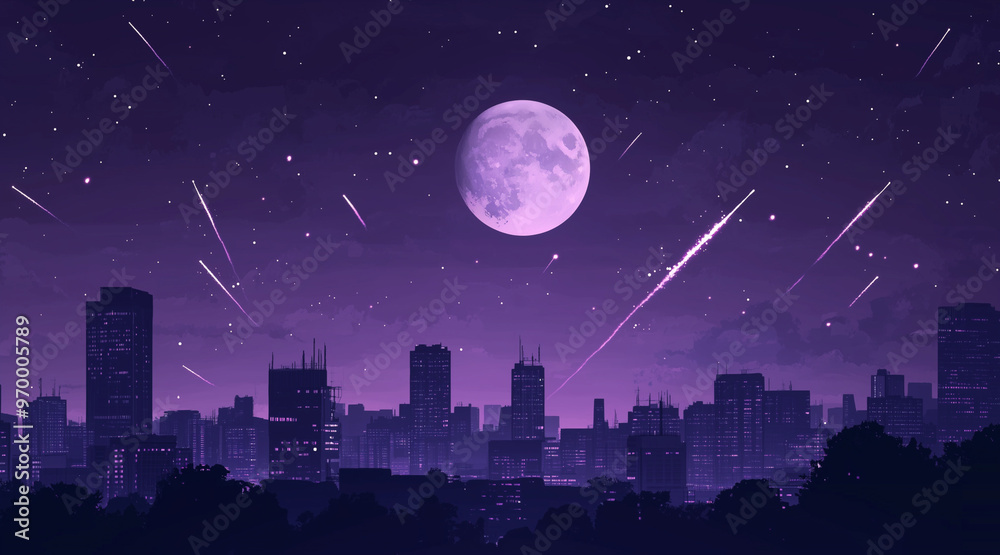 Fototapeta premium Monochrome purple silhouette city landscape with big moon and shooting stars. Dream cityscape 4k loop animation video on cartoon or anime style. anime illustrations 
