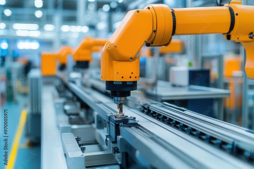 A close-up of an industrial robotic arm working on a machining process in a modern factory environment. A close-up of an industrial robotic arm working on a machining process in a modern factory environment.