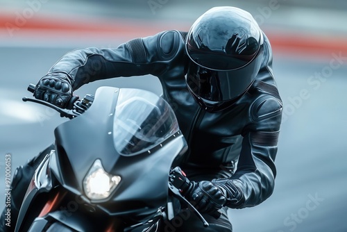 Professional motorcyclist in a leather jacket, helmet, and gloves, riding a sportbike on a racetrack, blurred background for speed effect