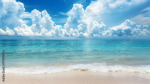 Tranquil beach scene with turquoise water and white sand, perfect for a summer vacation.