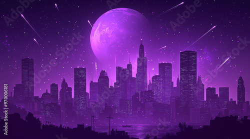 Monochrome purple silhouette city landscape with big moon and shooting stars. Dream cityscape 4k loop animation video on cartoon or anime style. anime illustrations 