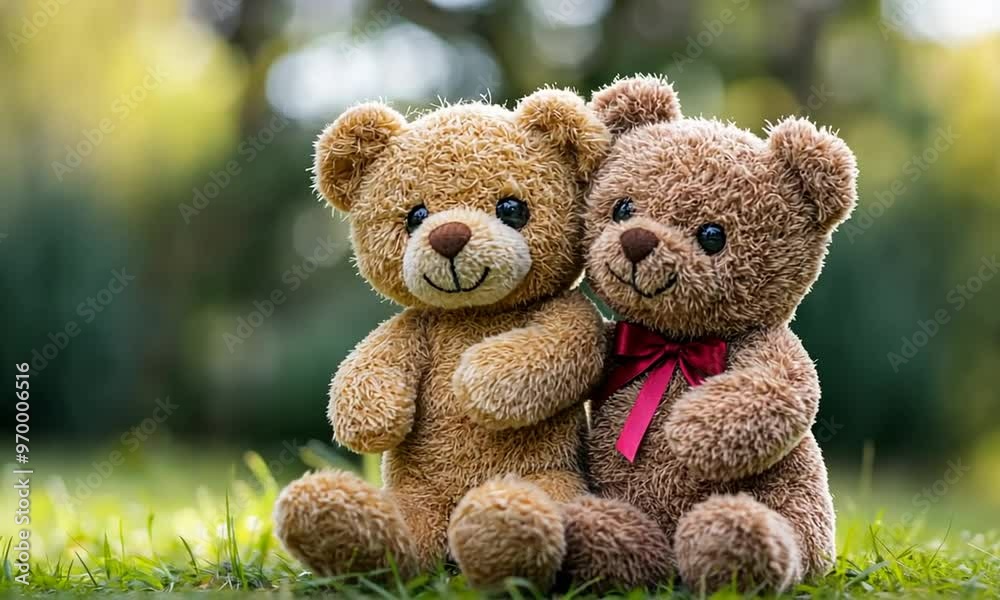 Two Teddy Bears Sitting on Green Grass