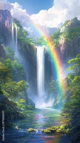 A vibrant fantasy landscape featuring majestic waterfall and rainbow