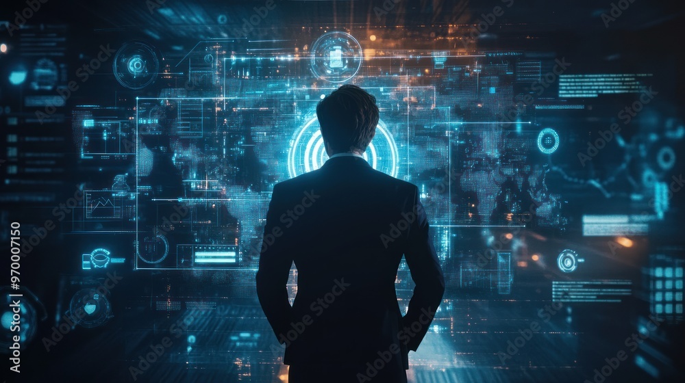 Man in Suit Observing Futuristic Digital Interface Man in Suit Observing Futuristic Digital Interface