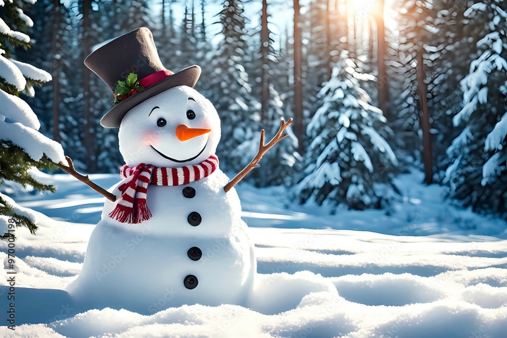 Obraz premium Snowy winter forest with smiling snowman, christmas illustration - generative ai