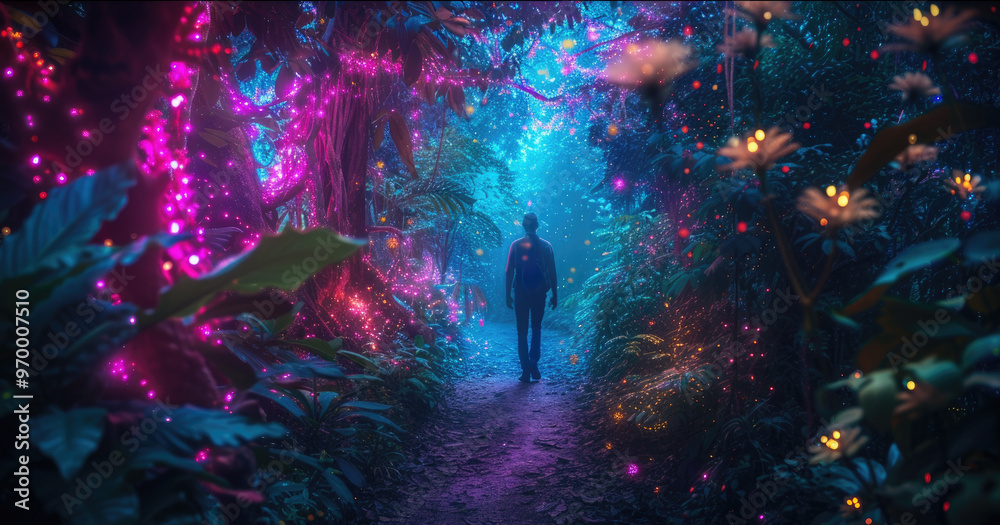 Fototapeta premium Lone person in fantasy dark forest at night, young man walking on path near magical flowers and lights, neon plants in fairy tale woods. Concept of wonderland, nature