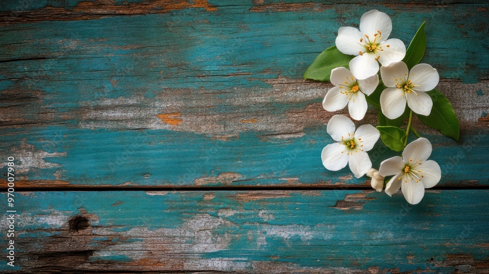 White Flowers on Blue Weathered Wood White Flowers on Blue Weathered Wood