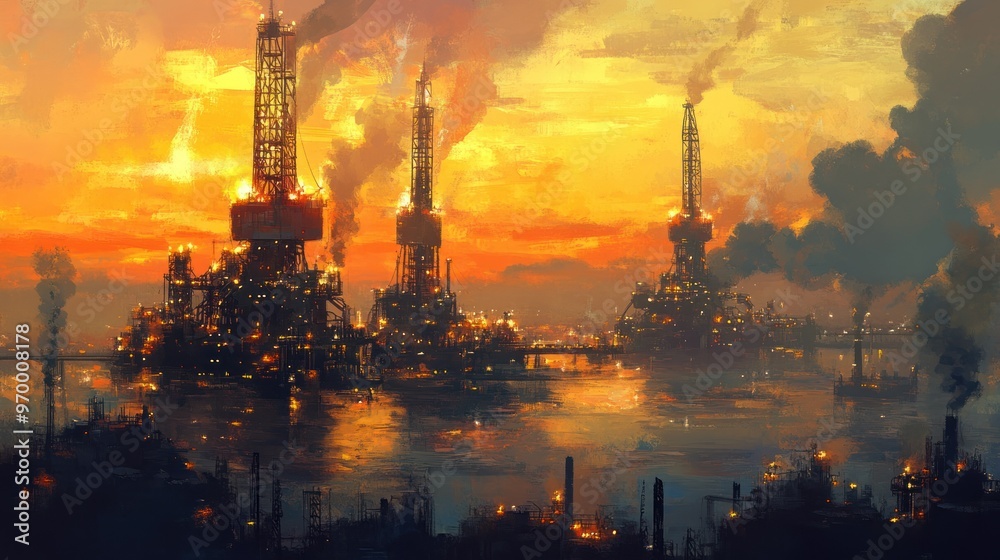 Obraz premium Industrial Complex at Sunset with Smoke and Reflections