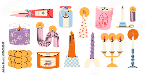 Set scented candles of various shapes. Decorative cartoon wax candles of abstract shapes. Cozy doodle stickers in Scandinavian style drawn by hand