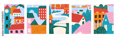 Abstract bright city and village posters. Landscape and scenery, minimalist houses in Scandinavian style. Old architecture, apartment buildings. Vector banners in cartoon style