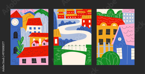 Abstract bright city and village posters. Landscape and scenery, minimalist houses in Scandinavian style. Old architecture, apartment buildings. Vector banners in cartoon style