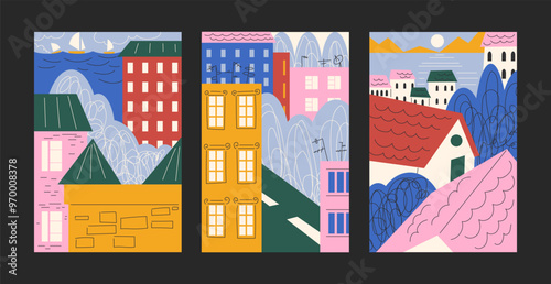 Abstract bright city and village posters. Landscape and scenery, minimalist houses in Scandinavian style. Old architecture, apartment buildings. Vector banners in cartoon style