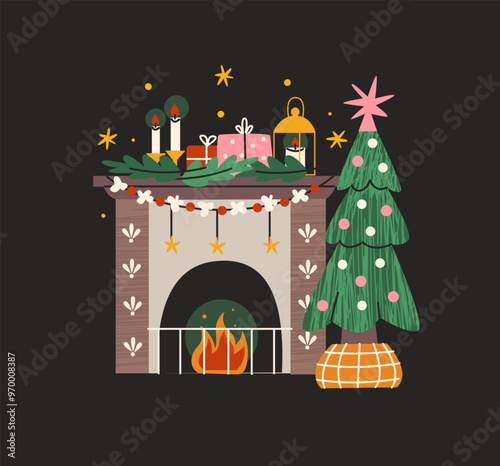 Christmas fireplace with New Year decor: socks, gifts, Christmas tree, and decorations. Scandinavian style, cozy warm hearth. Winter cartoon fireplace with burning fire