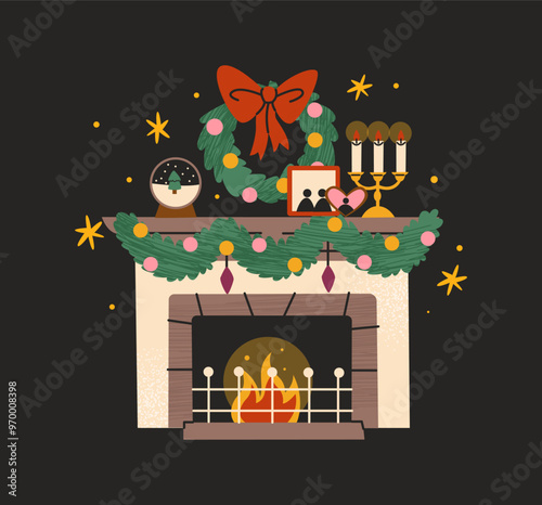 Christmas fireplace with New Year decor: socks, gifts, Christmas tree, and decorations. Scandinavian style, cozy warm hearth. Winter cartoon fireplace with burning fire