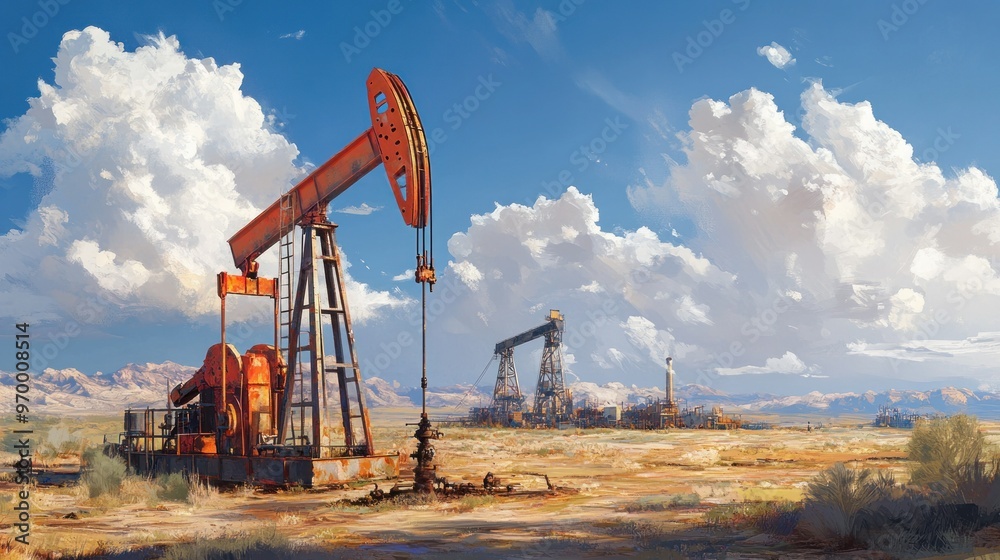 Rusty Oil Rigs in a Desert Landscape Under a Cloudy Sky Rusty Oil Rigs in a Desert Landscape Under a Cloudy Sky