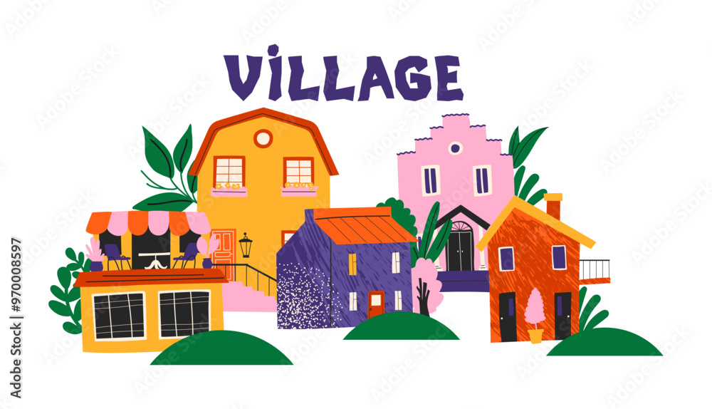 Fototapeta premium Cartoon village architectural houses, urban composition in 90s doodle style. City ​​buildings in Scandinavian style, plants, cozy buildings city streets