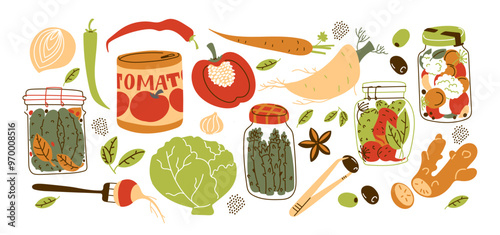 Set canned pickled vegetables in jars. Homemade pickles, harvesting for the winter. Set of vegetables and spices in containers. Cartoon products, set of stickers