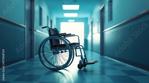 Empty wheelchair in a hospital hallway