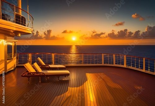 elegant cruise ship deck bathed warm sunset ambiance glimmering reflections water, ocean, luxury, evening, sky, horizon, atmosphere, travel, leisure photo