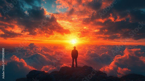 A lone figure stands on a mountain peak overlooking a fiery sunset and a sea of clouds.