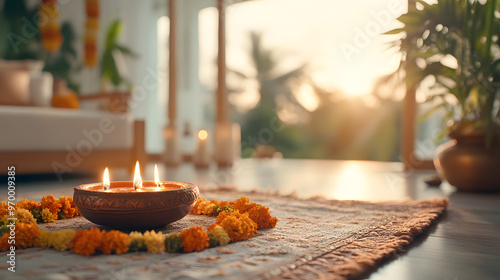 Diwali Decoration Ideas, Festive Lights, Diyas, and Colorful Rangoli for Festival of Lights photo