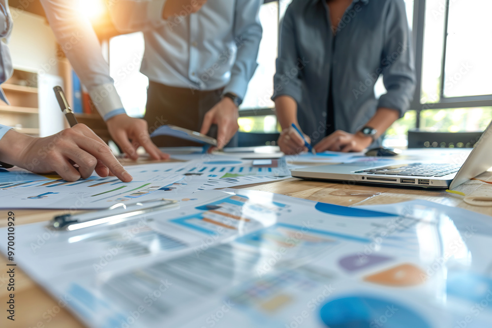 A man and a woman are standing in front of a table with a laptop and papers, generative ai image., A man and a woman are standing in front of a table with a laptop and papers, generative ai image.,
