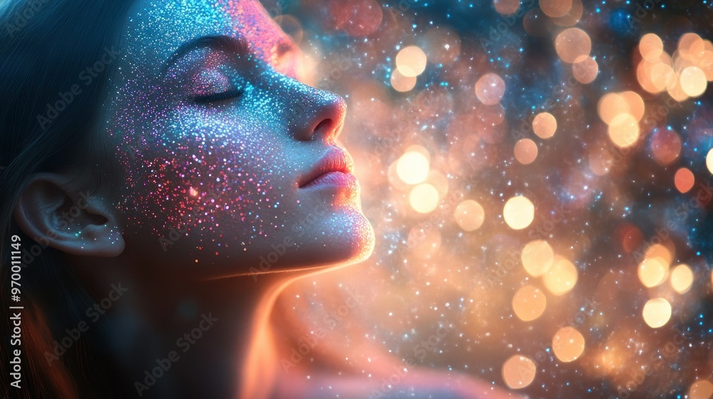Woman's Face Covered in Glittering Makeup Against a Background of Bokeh Lights Woman's Face Covered in Glittering Makeup Against a Background of Bokeh Lights