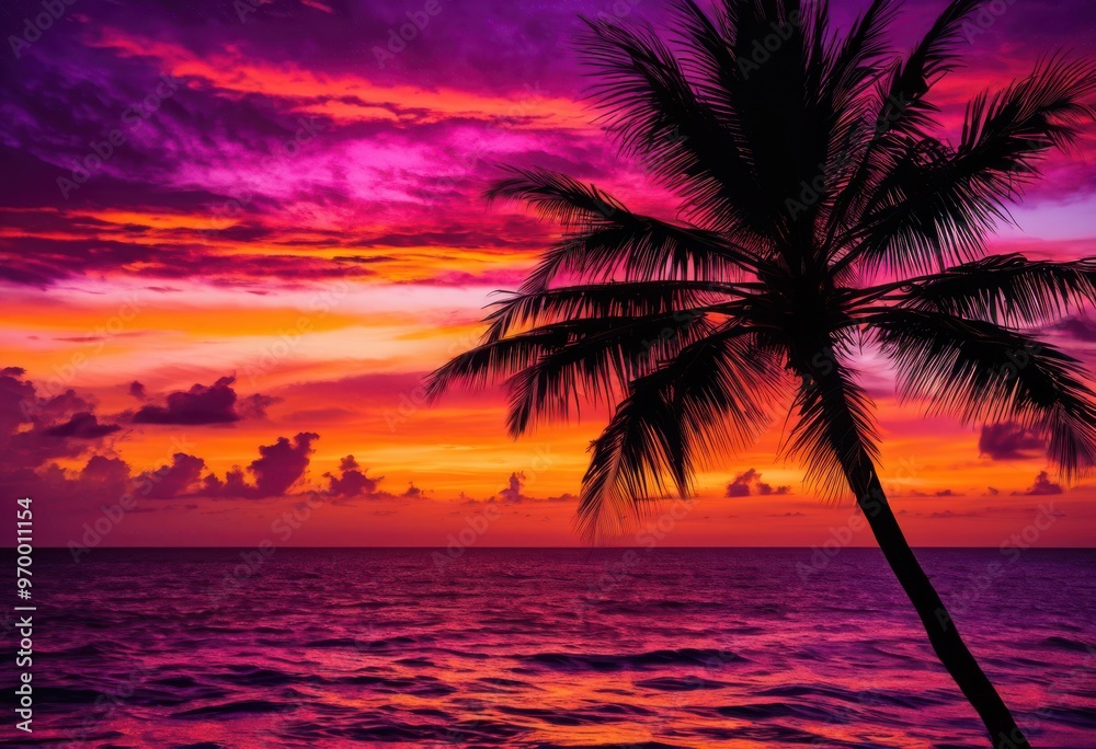 stunning palm silhouette framed colorful sunset sky brilliant hues purple, backdrop, vibrant, orange, pink, nature, evening, landscape, tree, outline, light