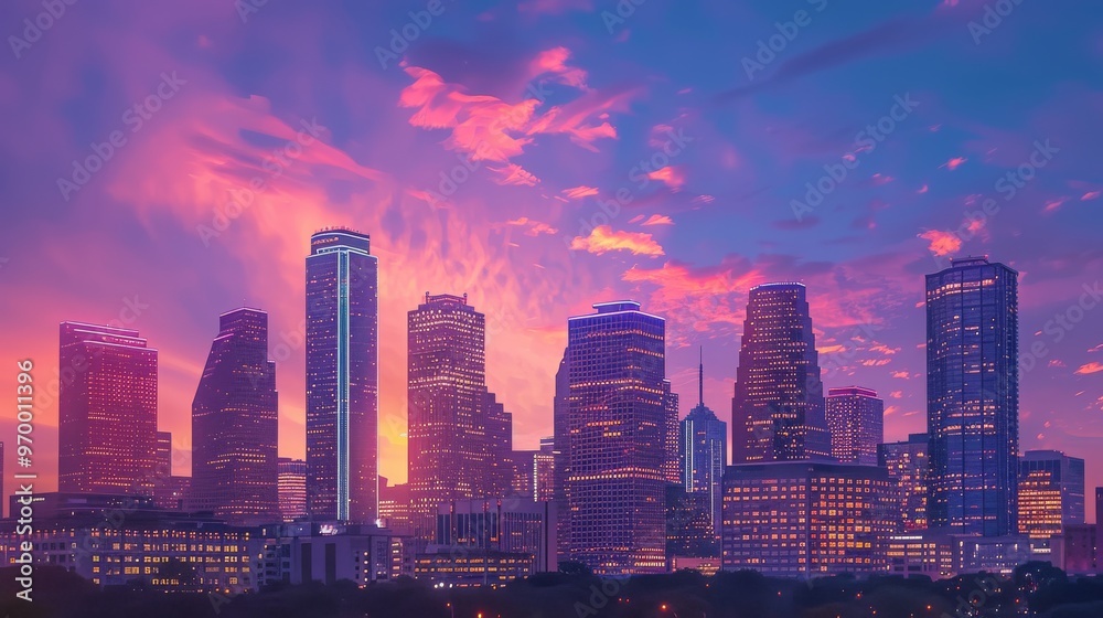 urban skyline at dusk, with skyscrapers lit up against a colorful sky urban skyline at dusk, with skyscrapers lit up against a colorful sky