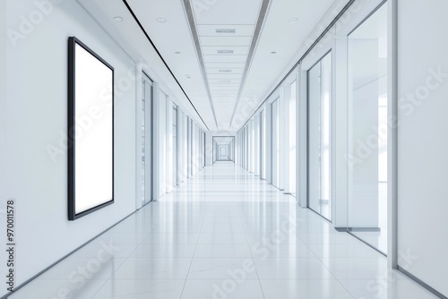 Modern Office Corridor with Elegant Interior Design and Poster Display