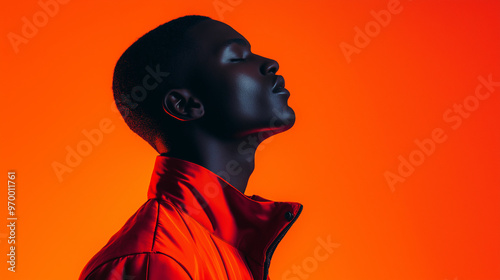 High fashion studio portrait of young african american man, minimal orange background