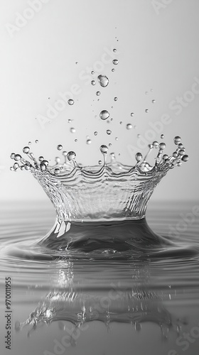 highspeed photography of a water droplet impact intricate crown formation and suspended droplets create a mesmerizing sculpturelike effect on a clean white background photo