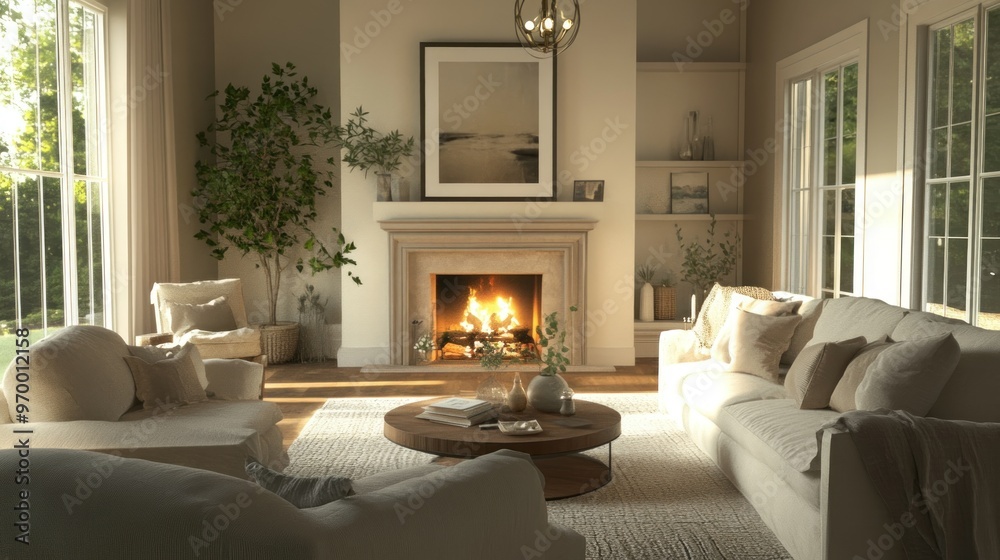 Cozy Living Room with Fireplace, White Furniture, and Natural Light Cozy Living Room with Fireplace, White Furniture, and Natural Light