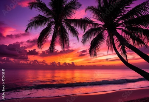 vibrant palm silhouettes framed stunning sunset backdrop rich colors gradients, sky, clouds, orange, pink, purple, blue, landscape, tree, branch, design