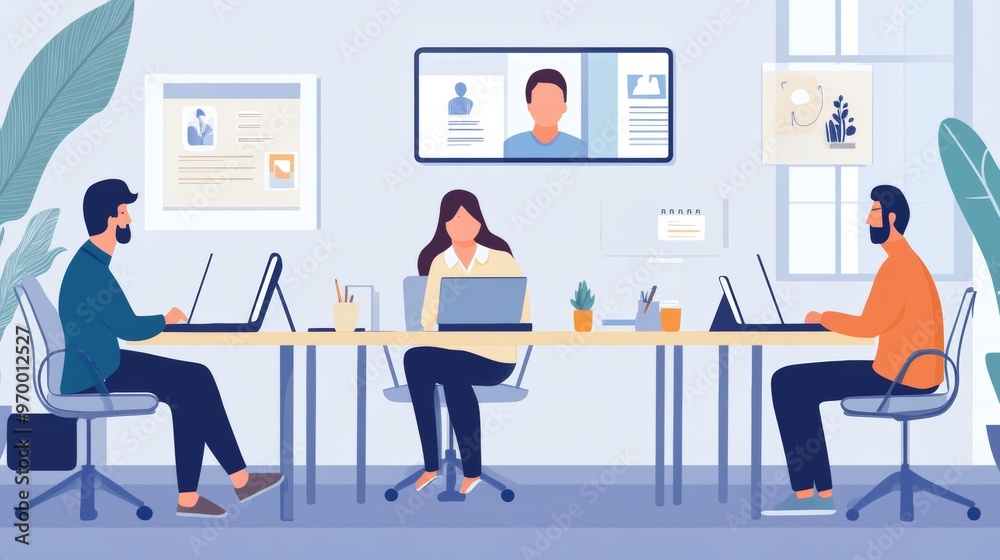 Professionals engaged in a virtual meeting while working in an office environment. Professionals engaged in a virtual meeting while working in an office environment.