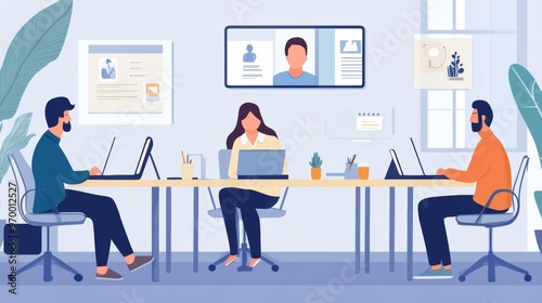 Professionals engaged in a virtual meeting while working in an office environment.