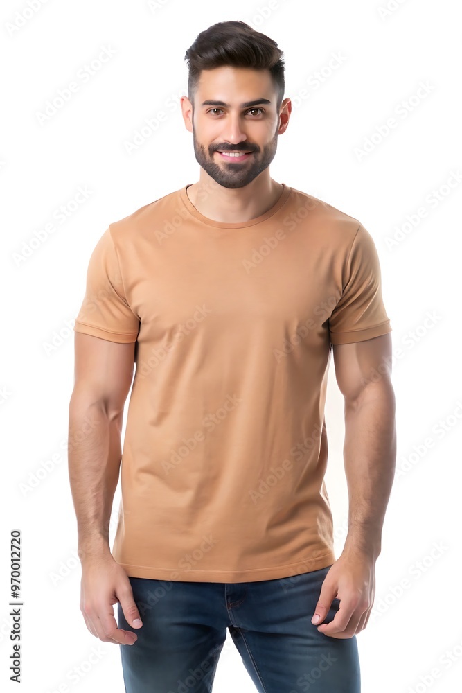 A smiling man wearing a tan-colored t-shirt in a relaxed pose, ideal for fashion photoshoots, casual clothing displays, or showcasing trendy t-shirt designs.
A smiling man wearing a tan-colored t-shirt in a relaxed pose, ideal for fashion photoshoots, casual clothing displays, or showcasing trendy t-shirt designs.