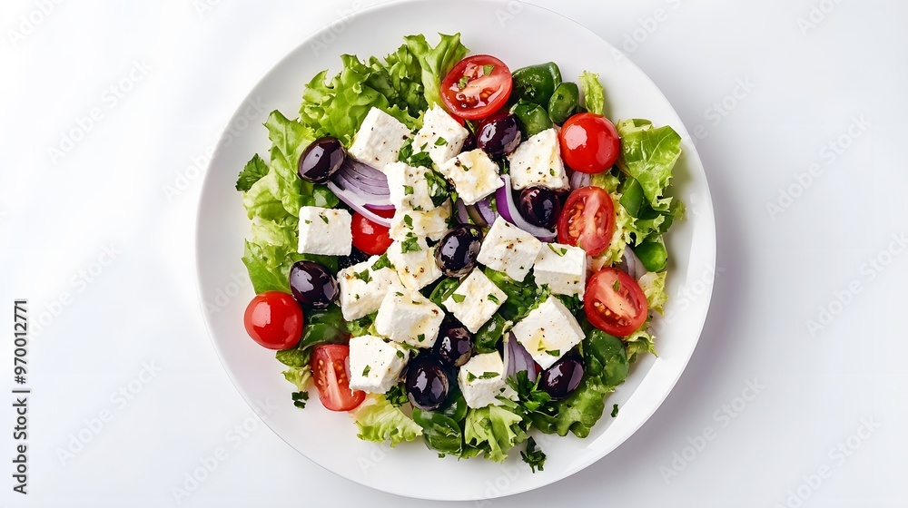 Fresh greek salad with feta, olives, and tomatoes on white plate Fresh greek salad with feta, olives, and tomatoes on white plate
