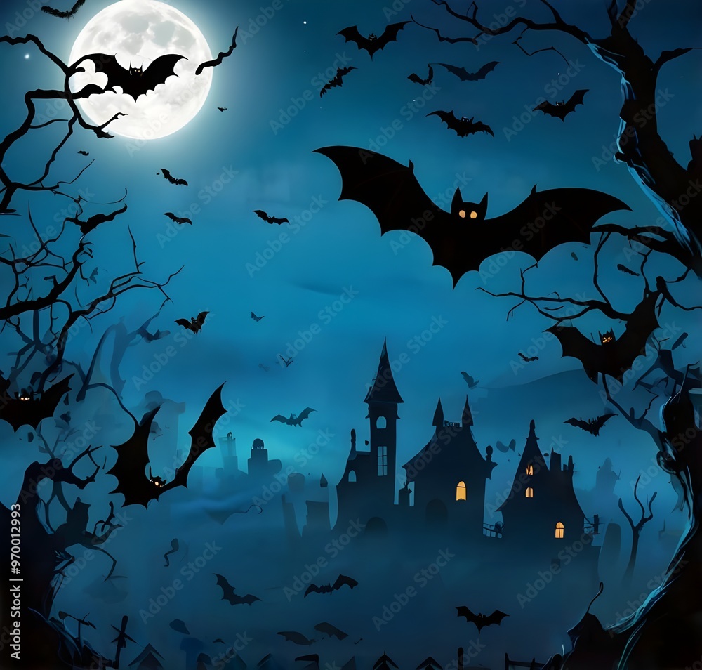 Illustration with halloween setting with bats flying on a full moon night Illustration with halloween setting with bats flying on a full moon night