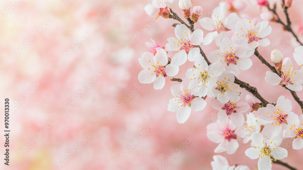 Obraz premium Delicate cherry blossoms in soft shades of pink create a serene atmosphere, perfect for spring-themed designs and nature projects.